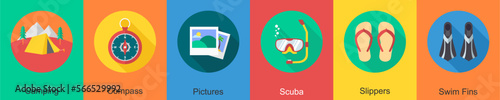 A set of 6 travel icons as camping, compass, pictures