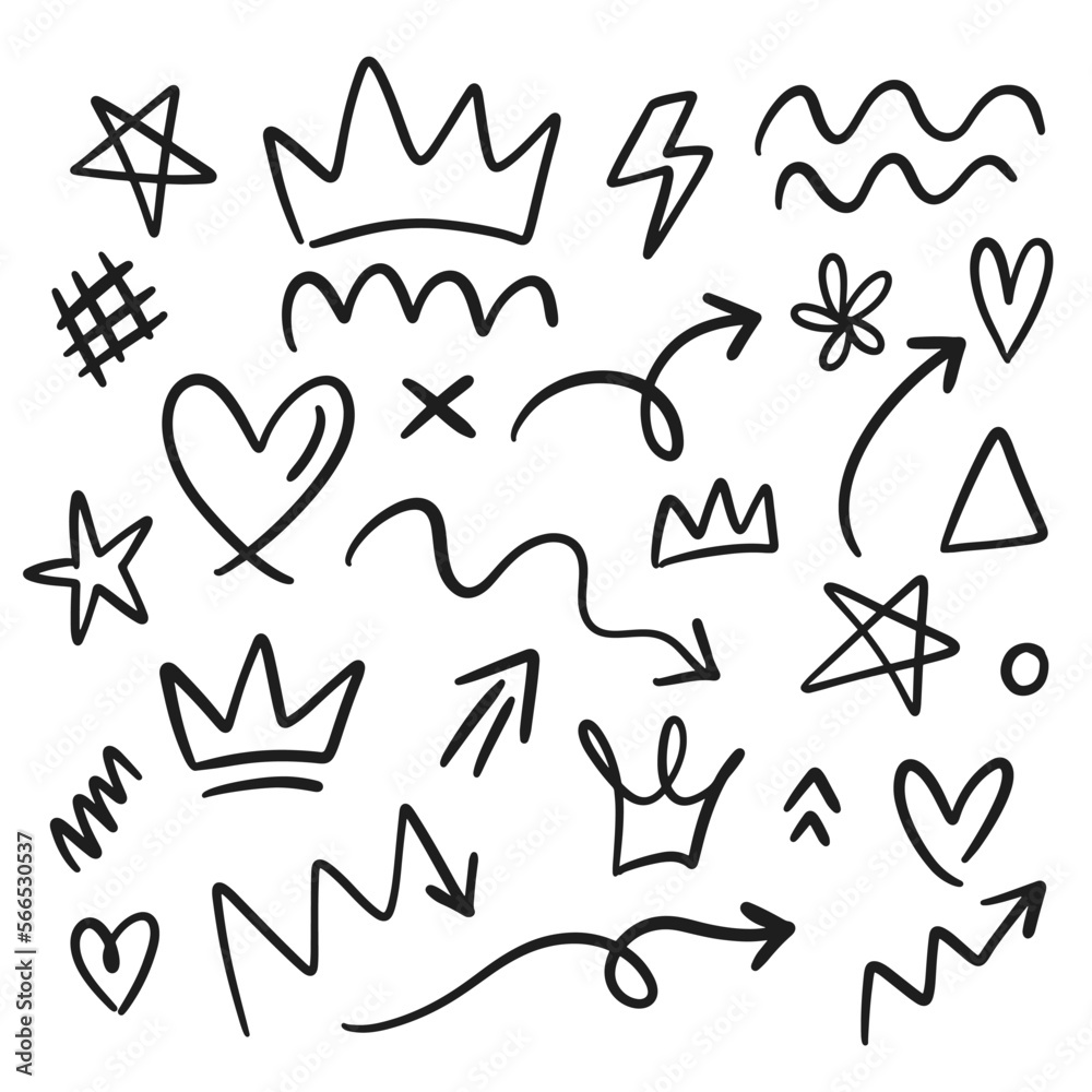 Doodle Swash of Heart shape, Crown, Stroke, Star, Wave, Arrow Sign Doodle Swash of Heart shape, Crown, Stroke, Star, Wave, Arrow Sign