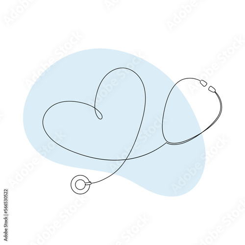 One line silhouette healthcare collection. Vector linear art illustration. Black outline heart and stethoscope symbol with green splash on white background. Design element for cardiology, health care