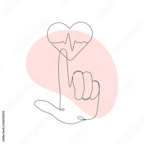 One line silhouette healthcare collection. Vector linear art illustration. Black outline heart with heartbeat and hand in attention symbol. Design element for cardiology, health care, awareness