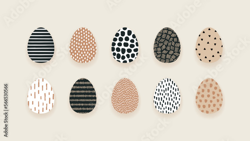 Easter egg collection. Vector modern illustration set. Abstract hand drawn lines and dot polka texture isolated on white background. Design for happy easter day holiday.