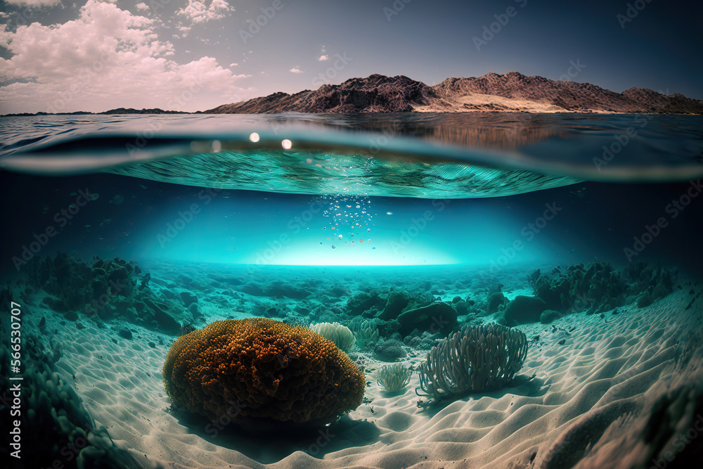 Obraz premium Underwater photography of the sandy bottom and marine life. Based on Generative AI