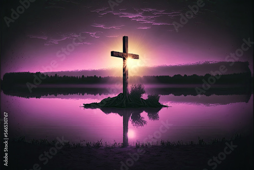 Purple landscape with sky and wooden cross or crucifix. Lent Season, Holy Week, Palm Sunday and Good Friday. Lent, Christian church period of penitential preparation for Easter. AI generative