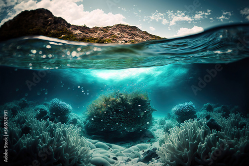 Underwater photography of the sandy bottom and marine life. Based on Generative AI