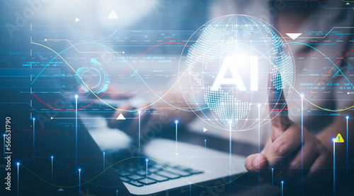 AI (Artificial intelligence) with hologram technology concept, businesswoman touch AI digital marketing, Big data, futuristic business, coding software development on the interface,IoT and innovation.
