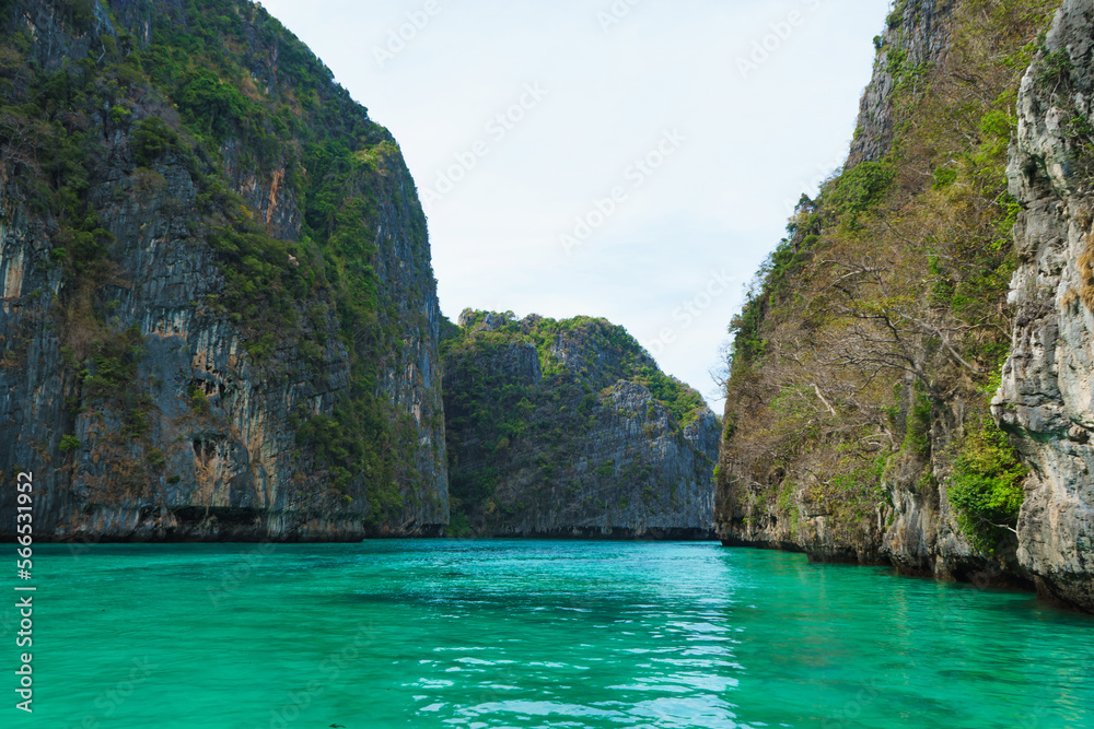 Sea lagoon and green rock in Thailand. Traveling and vacation concept.
