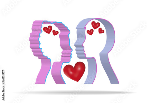 The silhouette of a man's head with hearts as a concept of love. 3d, vector image.