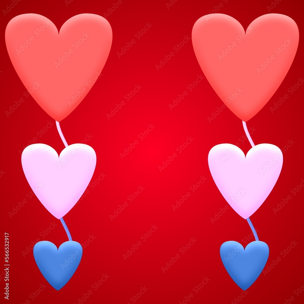 Hearts of different colors, 3D illustration, isolated object. Festive background, design element.