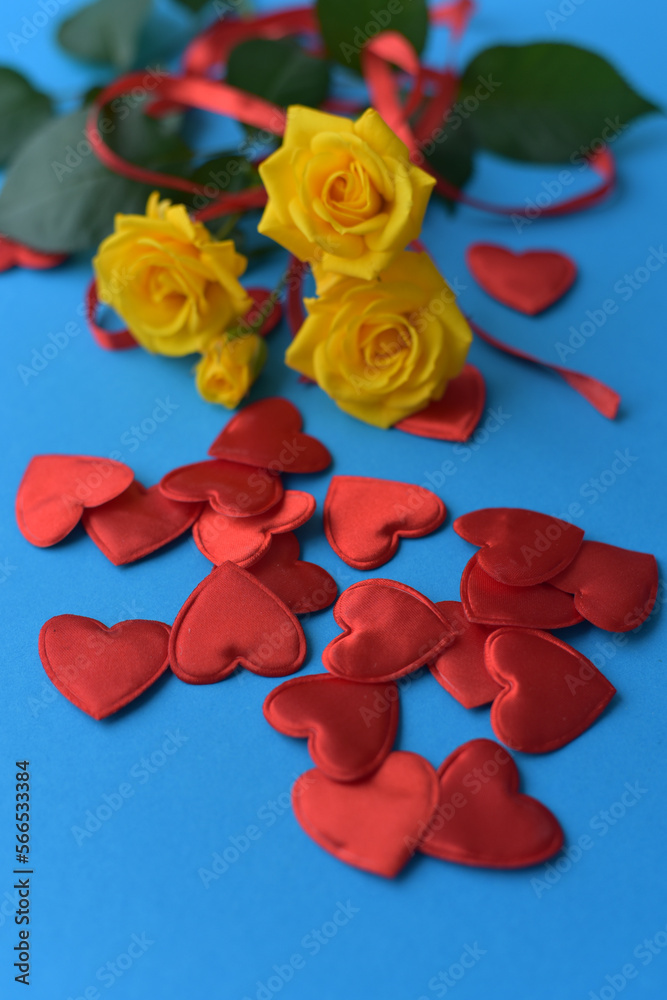 Yellow roses and hearts. Valentine's Day