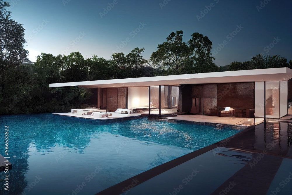 Fototapeta premium Beautiful tropical beach front hotel resort with swimming pool, paradise destination for vacations. Generative AI illustration.
