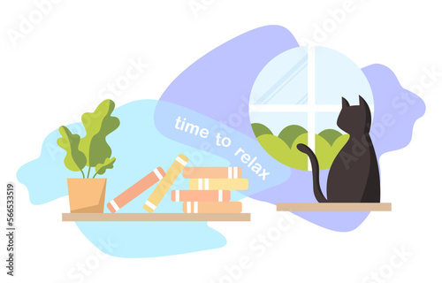 A cat sits near books and a potted tree, gazing outside a window. The peaceful scene conveys a sense of relaxation and tranquility, inviting the viewer to take a moment and unwind.