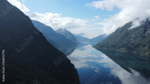 Panning drone footage of Fjaerlands fjord in Western Norway photo