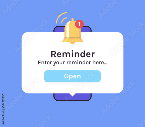 Smartphone with alarm clock reminder message on screen and new notice on smartphone screen view, alert notification bell concept flat vector illustration.