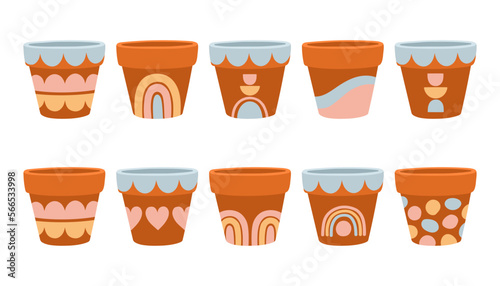 Empty flower pots set vector design illustration isolated on white, different painted terracotta pots photo