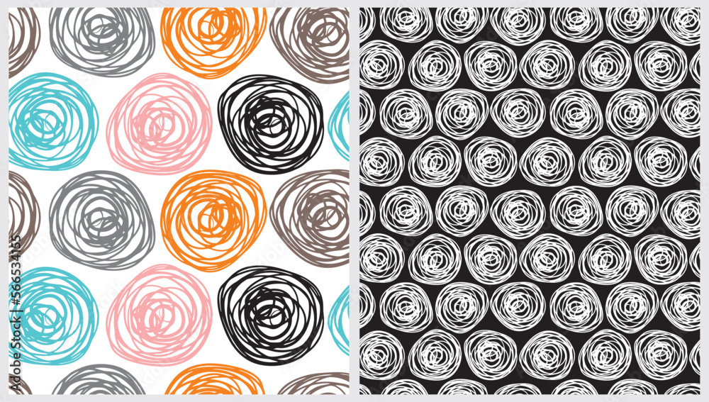 Simple Dotted Seamless Vector Patterns. Brush Circles made of Scribbles Isolated on a White and Black Background. Polka Dots on a White. Cute Simple Abstract Repeatable Print ideal for Fabric. Simple Dotted Seamless Vector Patterns. Brush Circles made of Scribbles Isolated on a White and Black Background. Polka Dots on a White. Cute Simple Abstract Repeatable Print ideal for Fabric.