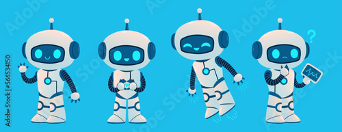 Cute Robot set. Cartoon Science Technology Concept Isolated Vector. Flat Cartoon Style