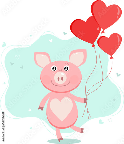  Cute, pink pig with heart balloons. Happy Valentine's Day vector illustration in a flat style.