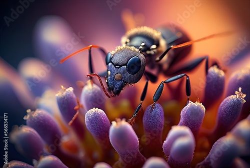 Close-up ant on flower. Generative AI