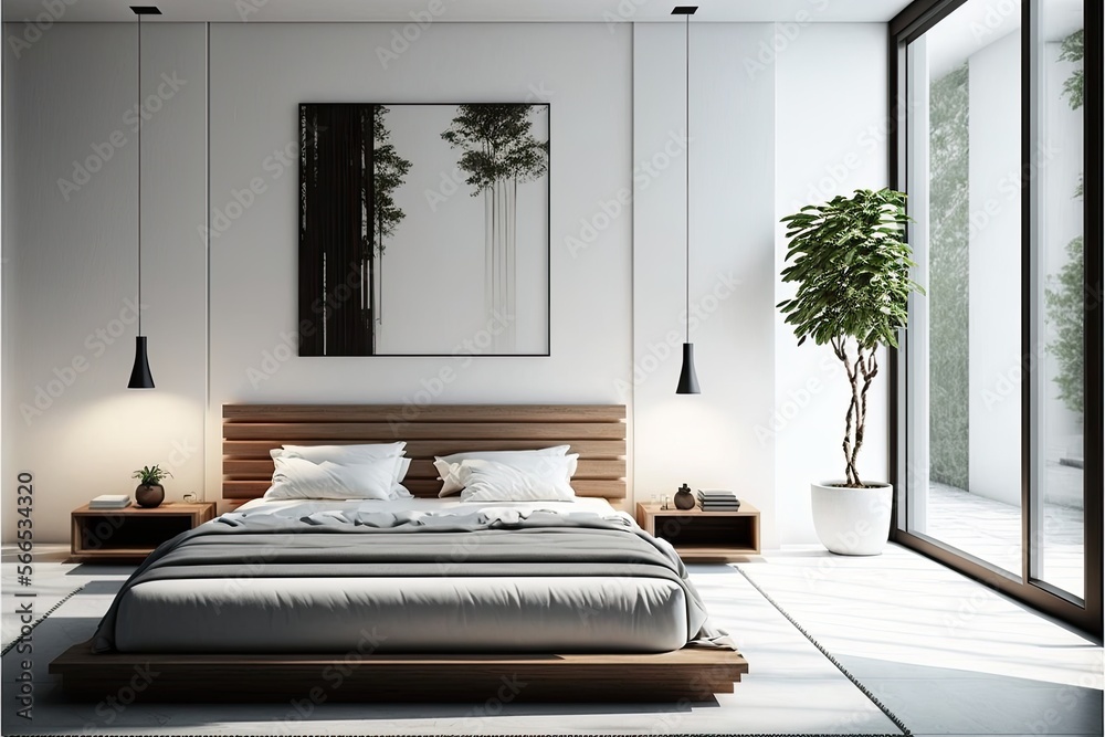 Elegant minimalist bedroom interior with a platform bed and matching ...