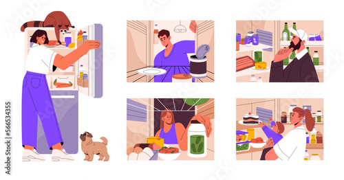 People opening fridges, looking inside, choosing eating. Hungry men, women checking refrigerators with food products, groceries, nutrition. Flat vector illustrations set isolated on white background
