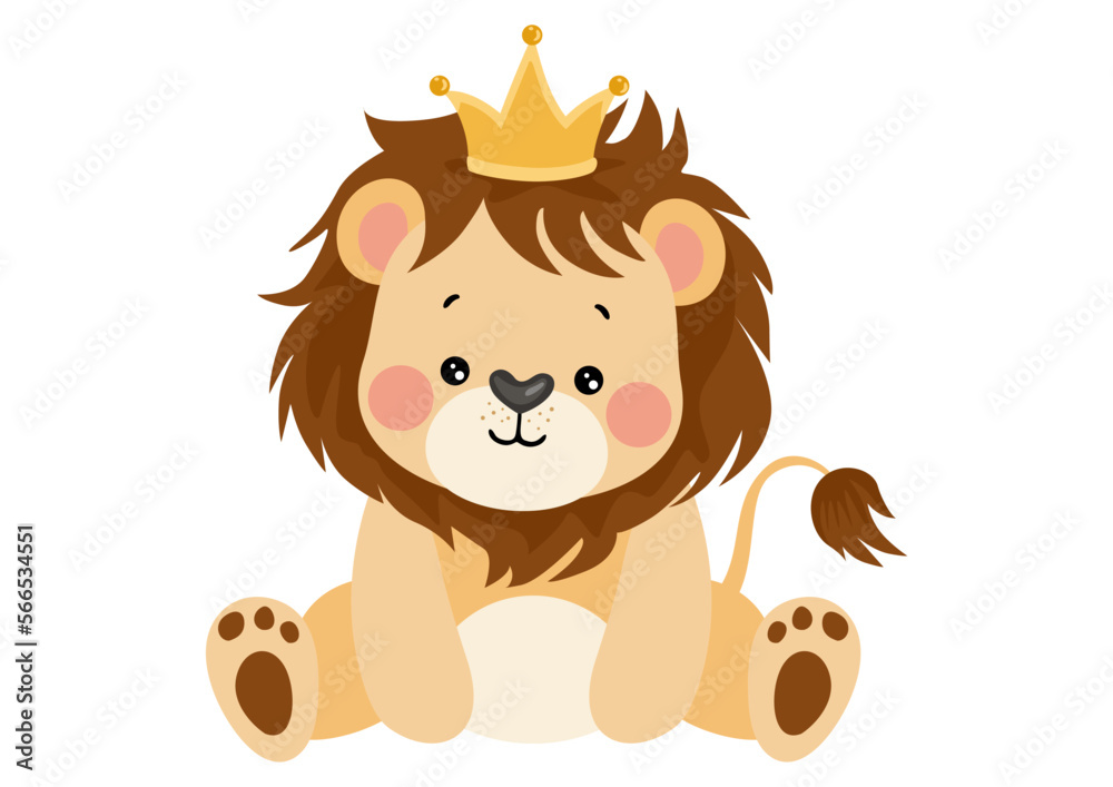 Cute king lion sitting with crown