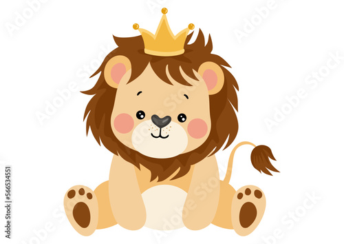 Cute king lion sitting with crown