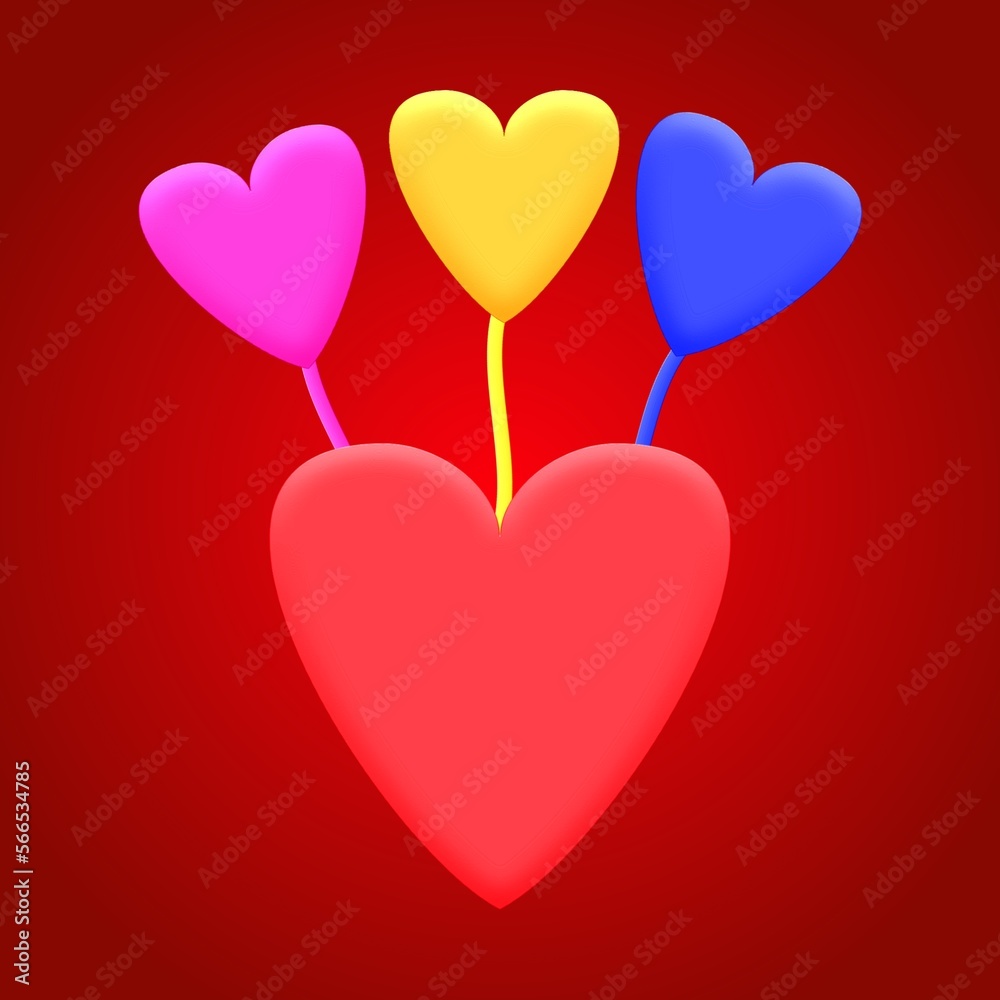 red heart flying on colorful hearts. concept of amour, web flyer, special offer, online header, promo, sell, consumer, surprise. isolated on red background. flat style trend logo design illustration