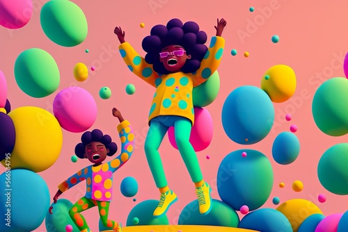 Happy black kids in surreal environment in shapes of bubbles. Colorful illustration in simple 3d style created by generative AI