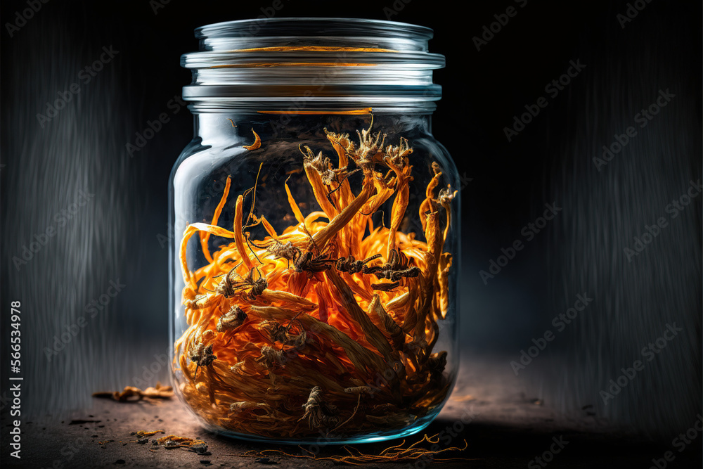 Discover the magic of nature with this beautiful image of cordyceps mushrooms in individual glass jars, glowing against a radiant background. A unique and captivating sight Discover the magic of nature with this beautiful image of cordyceps mushrooms in individual glass jars, glowing against a radiant background. A unique and captivating sight