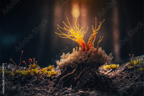 Enchanting image of Cordyceps mushroom sprouting from the earth, showcasing nature's beauty and delicate balance. A must-see for nature lovers