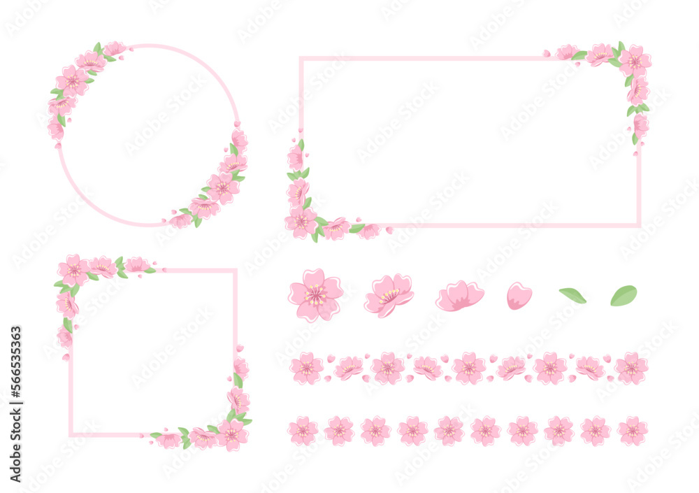Japanese cherry blossom frames, borders, design element vector illustration collection
