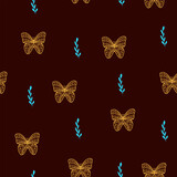 seamless pattern with abstract plant and butterfly.Elegant print for wallpaper,kids fabric,bedroom interior,home decor illustration in doodle style,dark background.