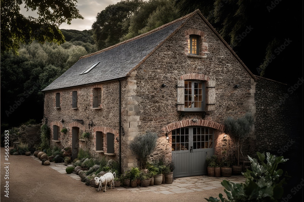 Fototapeta premium Rustic and charming 18th century Devon long barn conversion generative ai
