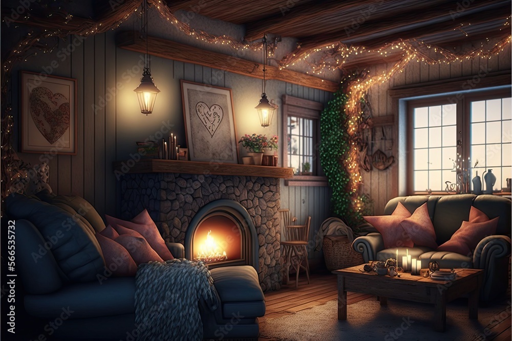 Rustic Valentine's Day living room with a cozy fireplace and twinkling lights generative ai Rustic Valentine's Day living room with a cozy fireplace and twinkling lights generative ai
