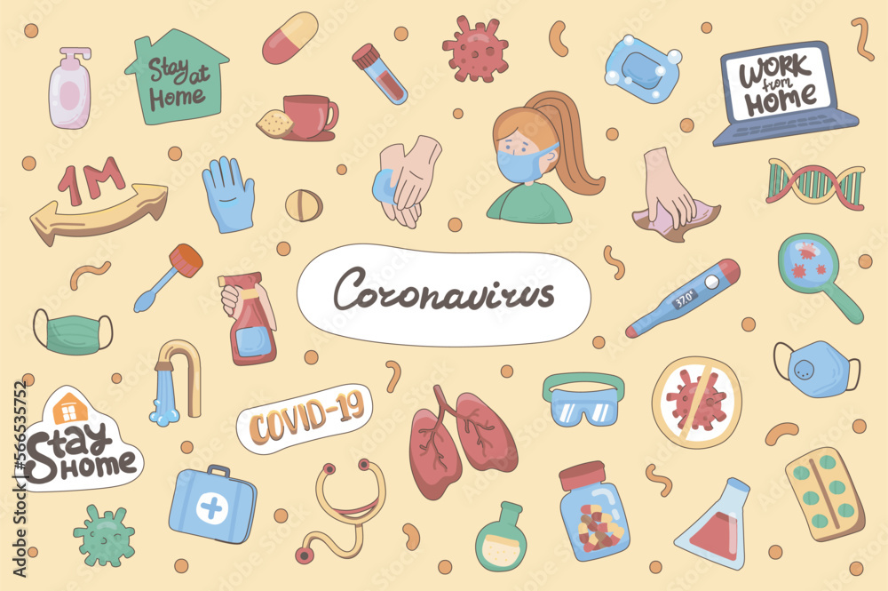 Coronavirus cute stickers set in flat cartoon design. Collection of stay home, medical mask, lungs, covid-19, doctor, wash hands, pills and other. Vector illustration for planner or organizer template