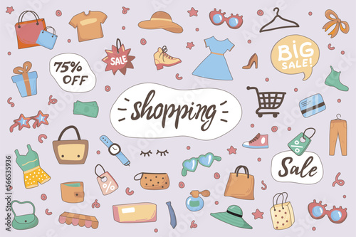 Shopping cute stickers set in flat cartoon design. Collection of clothes, dress, shoes, bag, hat, perfume, discount, label, credit card and other. Vector illustration for planner or organizer template