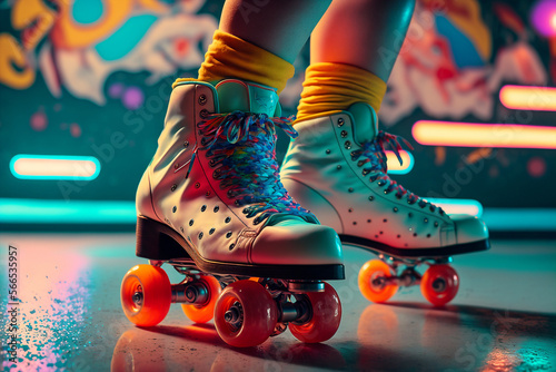 close up of feet wearing colorful 80's roller skates - AI generative photo