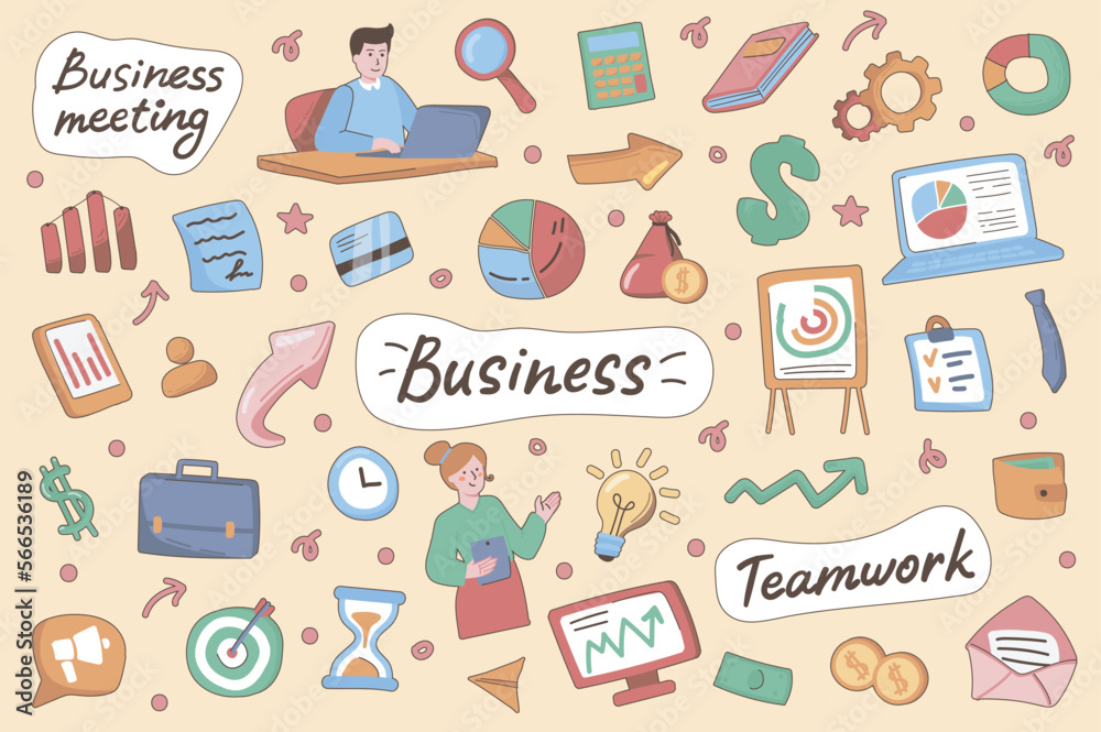Business cute stickers set in flat cartoon design. Collection of teamwork, target, financial analysis, briefcase, calculator, work and other. Vector illustration for planner or organizer template