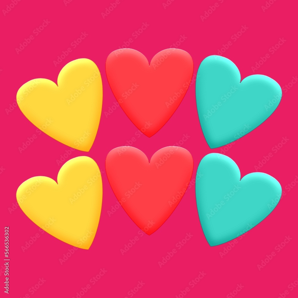 A 3D illustration six colorful heart shape on ruby background. Top view of romantic symbol of valentines day for background use. Concept of love, romance, and passion.