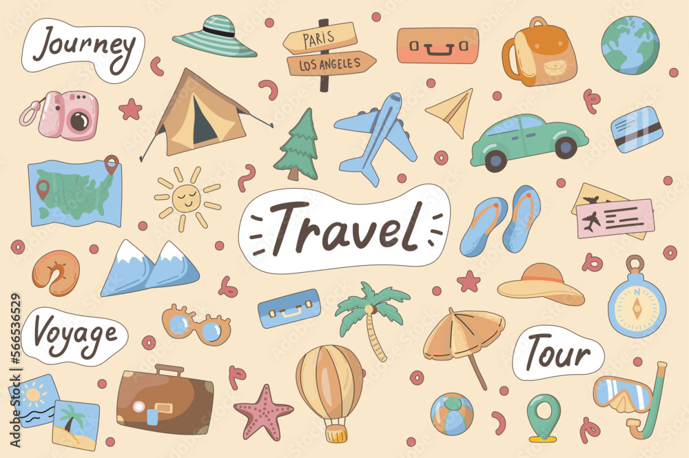 Fototapeta premium Travel cute stickers set in flat cartoon design. Collection of journey, voyage, tour, luggage, backpack, tent, hiking, globe, mountains and other. Vector illustration for planner or organizer template