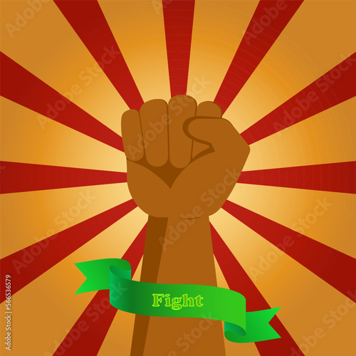Hand raised with fist upward to fight for human rights, revolution, unity, dignity, justice, equality, independence, freedom and liberty. 