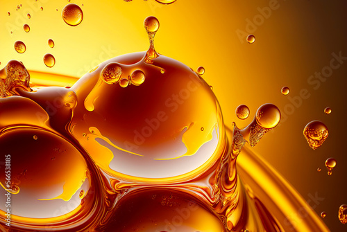 Golden bubbles of honey, oil, beer or juice. Macro of fluid flow. Generative AI photo