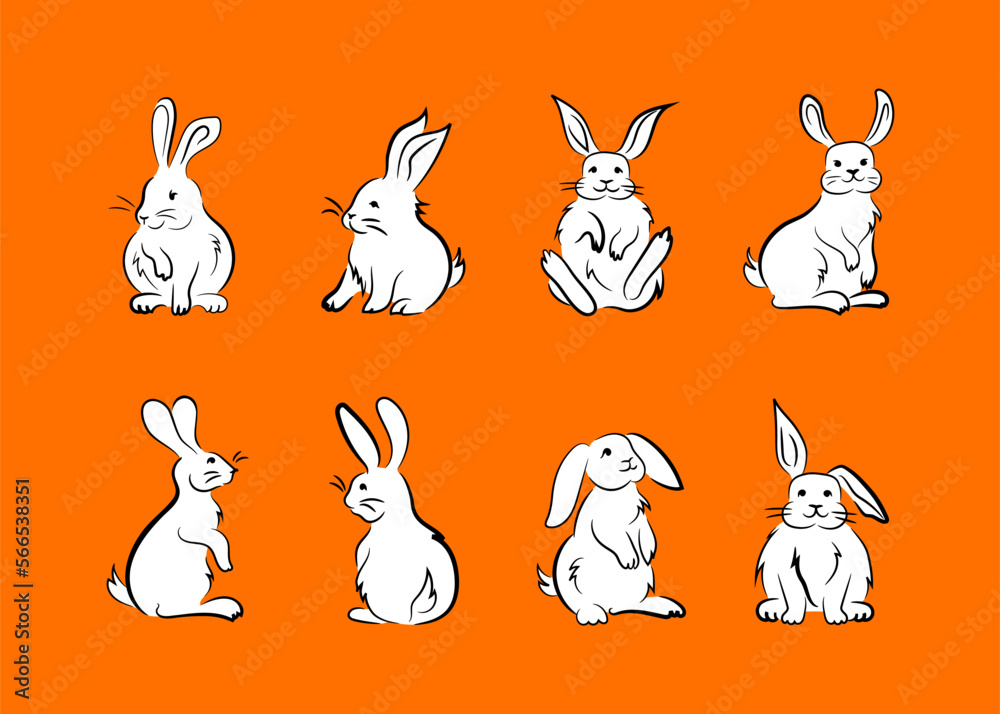 Funny cute white rabbits, doodle image set