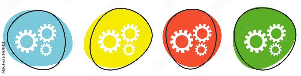 Banner mit 4 bunten Buttons: Zahnrad, Konfiguration oder Industrie Banner mit 4 bunten Buttons: Zahnrad, Konfiguration oder Industrie