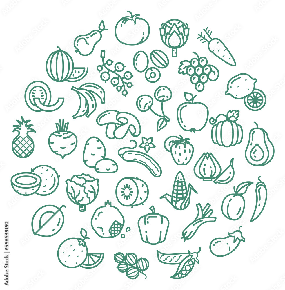 Fruit doodle in round shape. Food decorative pattern