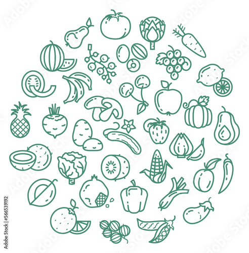 Fruit doodle in round shape. Food decorative pattern