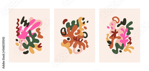 Interior posters, wall art designs set. Modern cards with fluid organic shapes, random creative elements. Contemporary trendy vertical artworks, postcards. Colored flat graphic vector illustrations