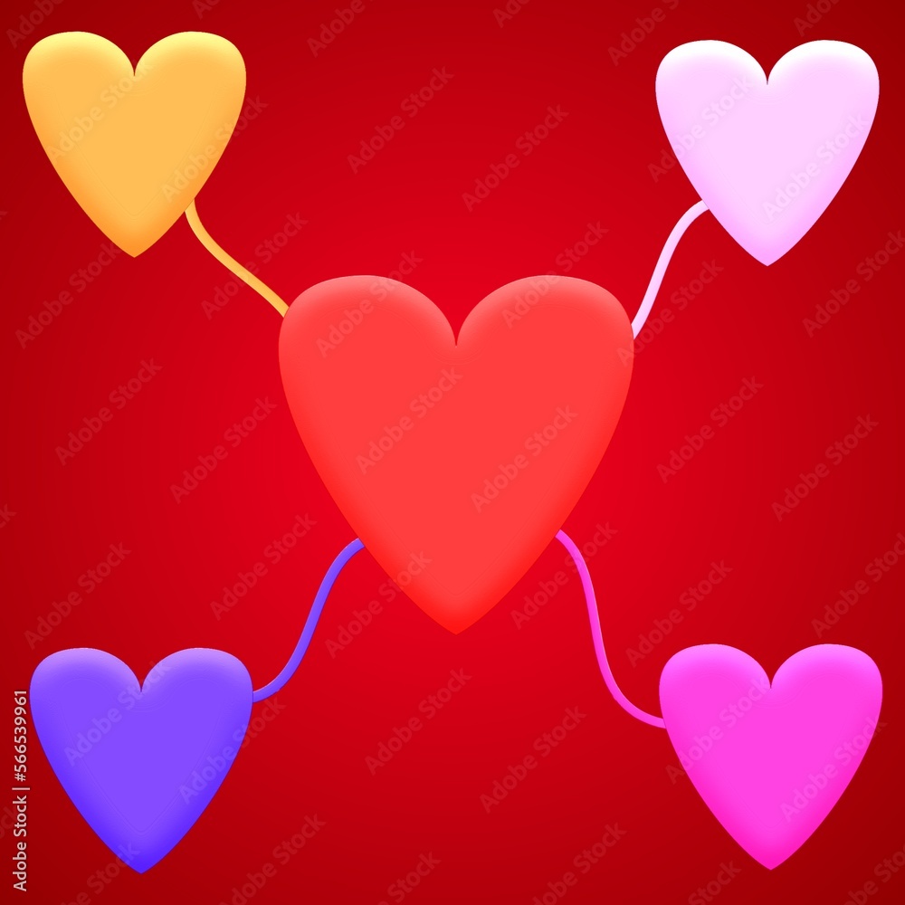 A 3D illustration multicolored five hearts linked together on red background. use for Valentine's day