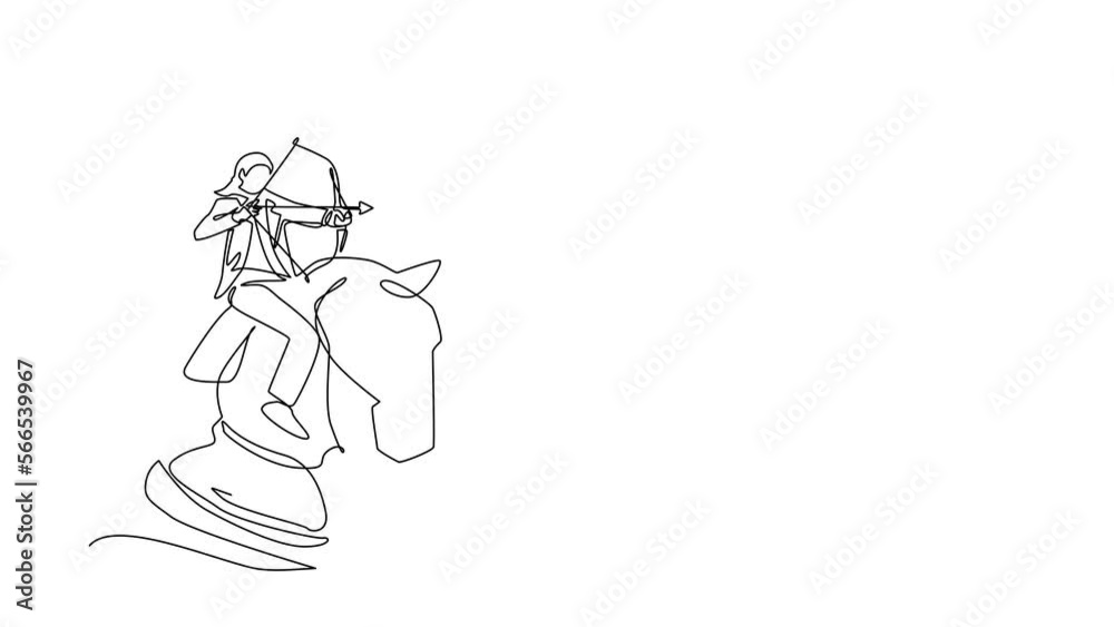 Animated self drawing of continuous line draw businesswoman holding archery aiming target, riding chess knight piece, strategic concept. Success business manager. Full length single line animation Animated self drawing of continuous line draw businesswoman holding archery aiming target, riding chess knight piece, strategic concept. Success business manager. Full length single line animation