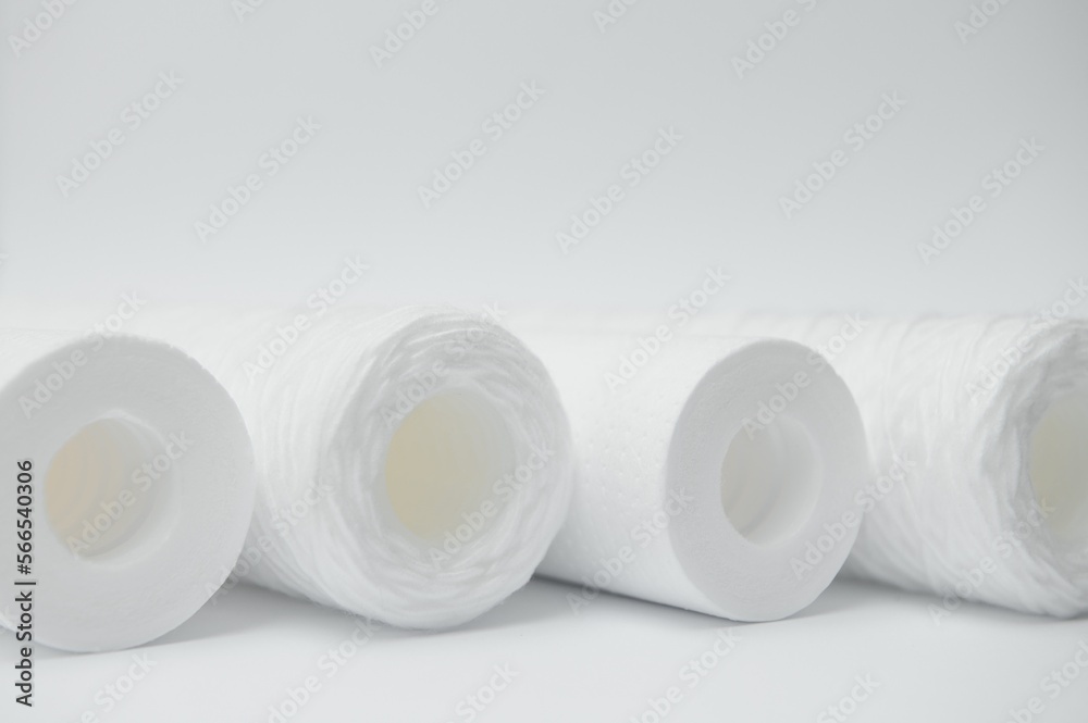 filter cartridges for water on a white background. Installation of ...